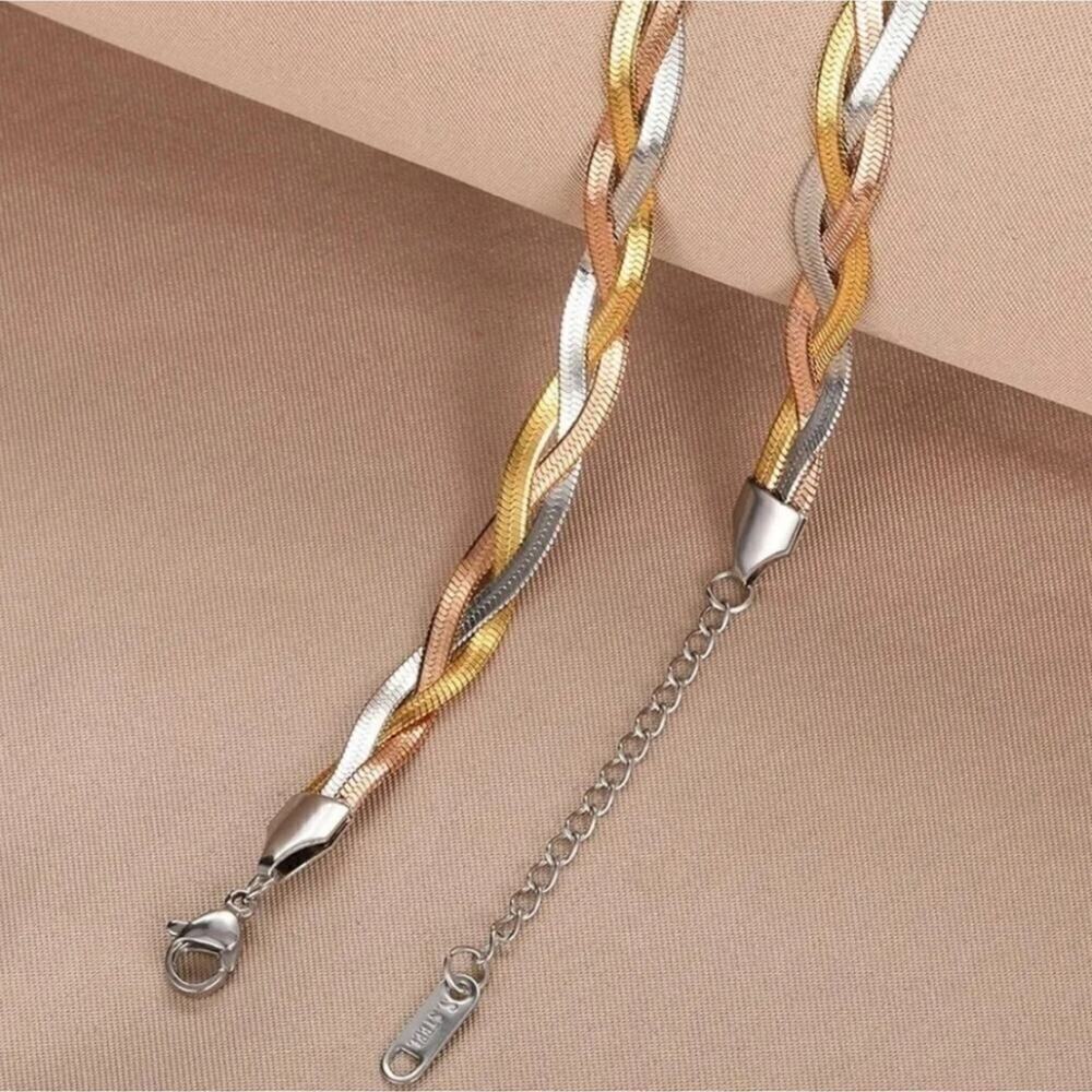 Stainless Steel Necklace Herringbone braided Tri-Colour Flat snake Chain 2 Pcs. - Picture 7 of 15